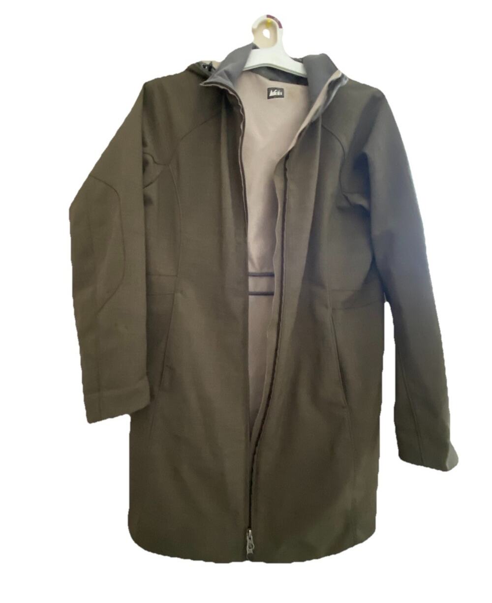 REI Jacket Soft Shell L Long Rain Coat Hooded Fleece Lined